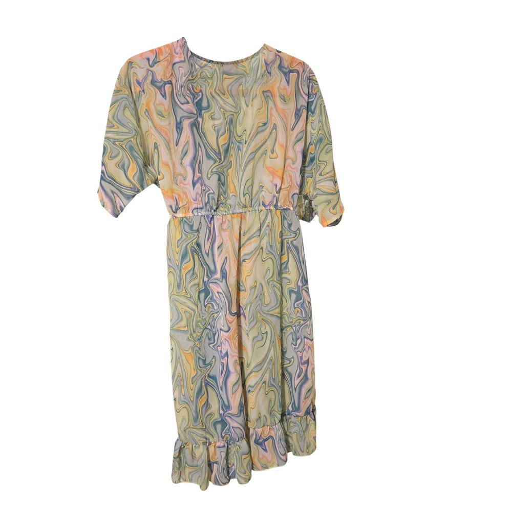 Dizzire Marble Swirl Kimono Tie Waist High Low Ruffle Cover Up Green Blue Medium - Picture 3 of 6
